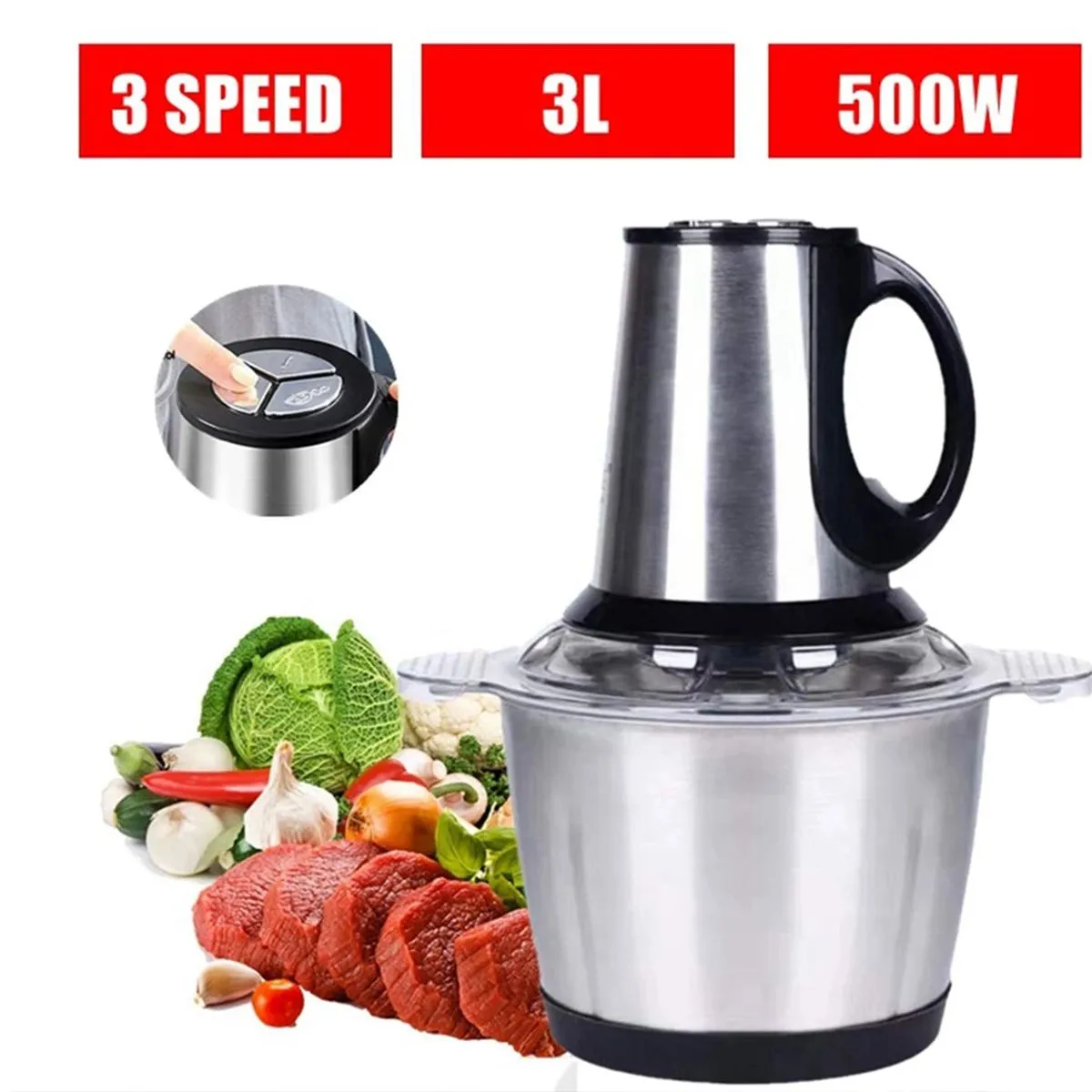 3L Imported Stainless Steel Electric Kitchen Meat Grinder, Chopper, Food Processor Machine With Handle