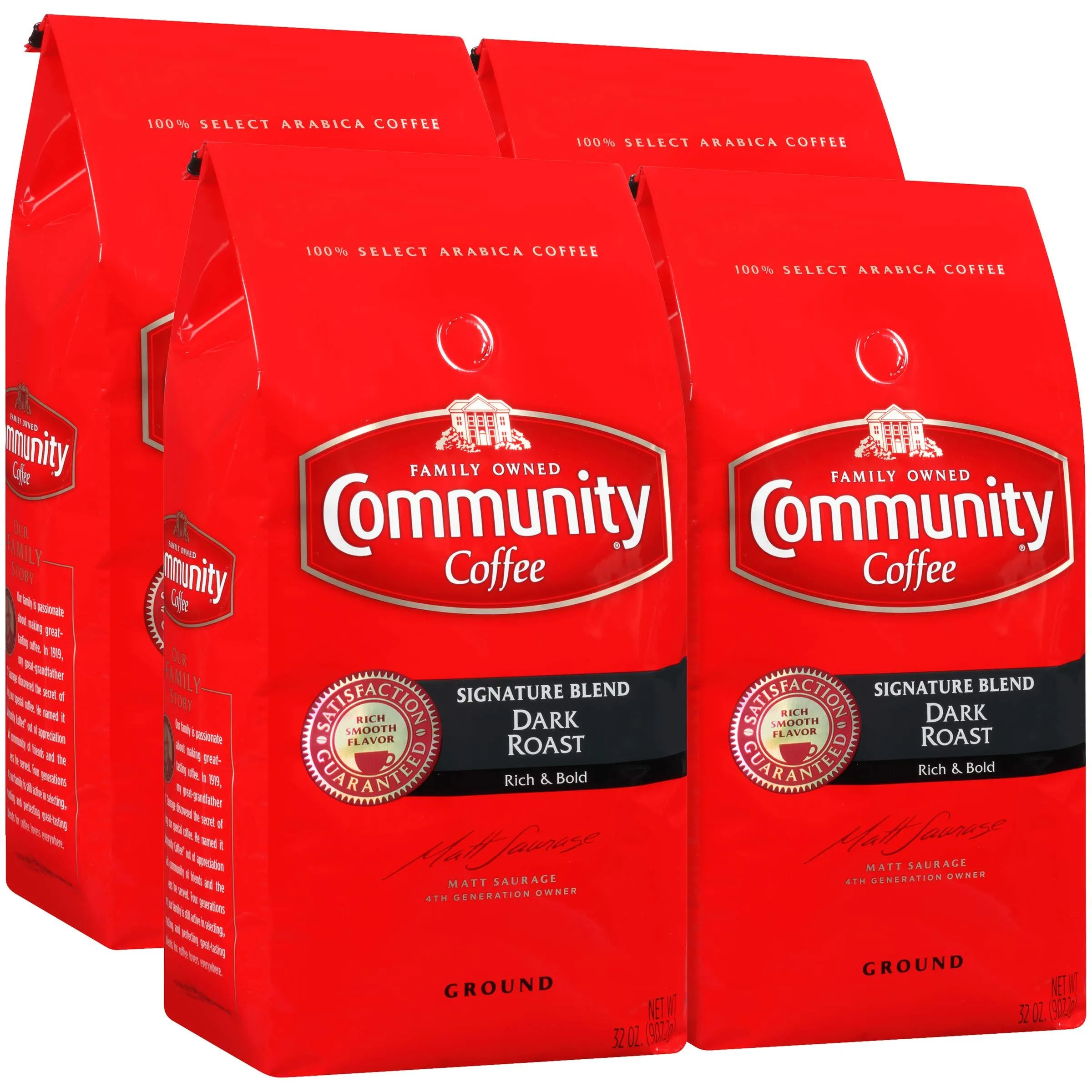 Community Coffee Signature Blend Dark Roast Premium Ground 32 Oz Bag (4 Pack), Full Body Rich Bold Taste, 100% Select Arabica Coffee Beans