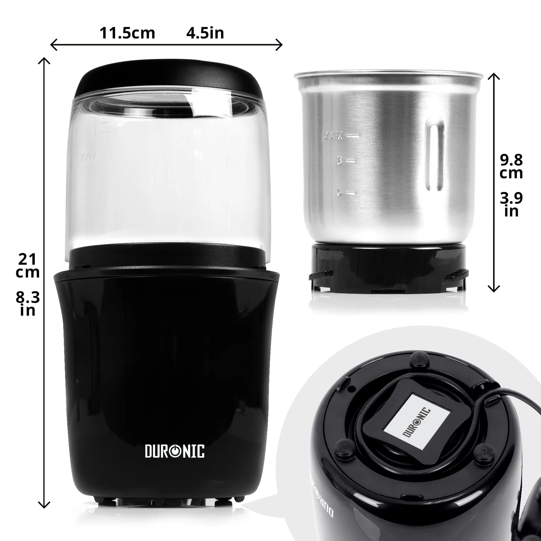 Duronic Electric Coffee Grinder CG250, Coffee Bean Grinder Machine, Stainless Steel Blades Grinders, Fast Dry Mini Removable Grinding Mill Pot for Coffee Beans, Nuts, Seeds, Spices, Flax - Black