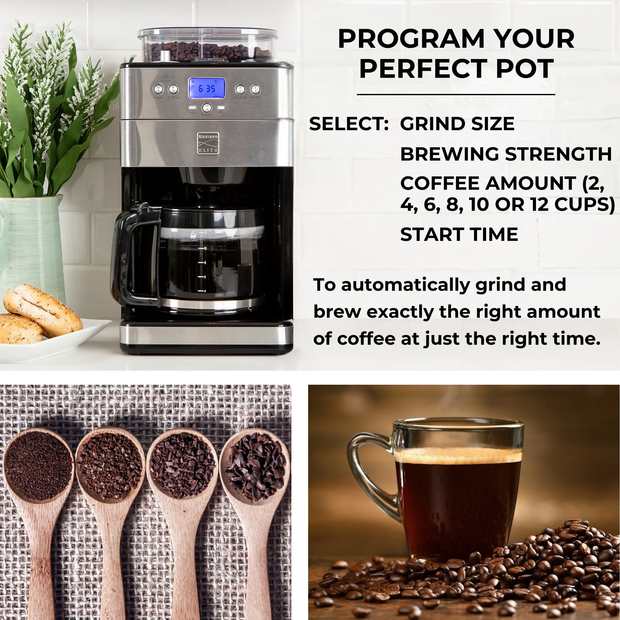 Kenmore Elite Grind and Brew Coffee Maker w/ Burr Grinder, 12 Cup Programmable Automatic Timer Brew Coffee Machine, Air-Tight Bean Hopper, Grind Size and Brew Strength Selectors, Stainless Steel