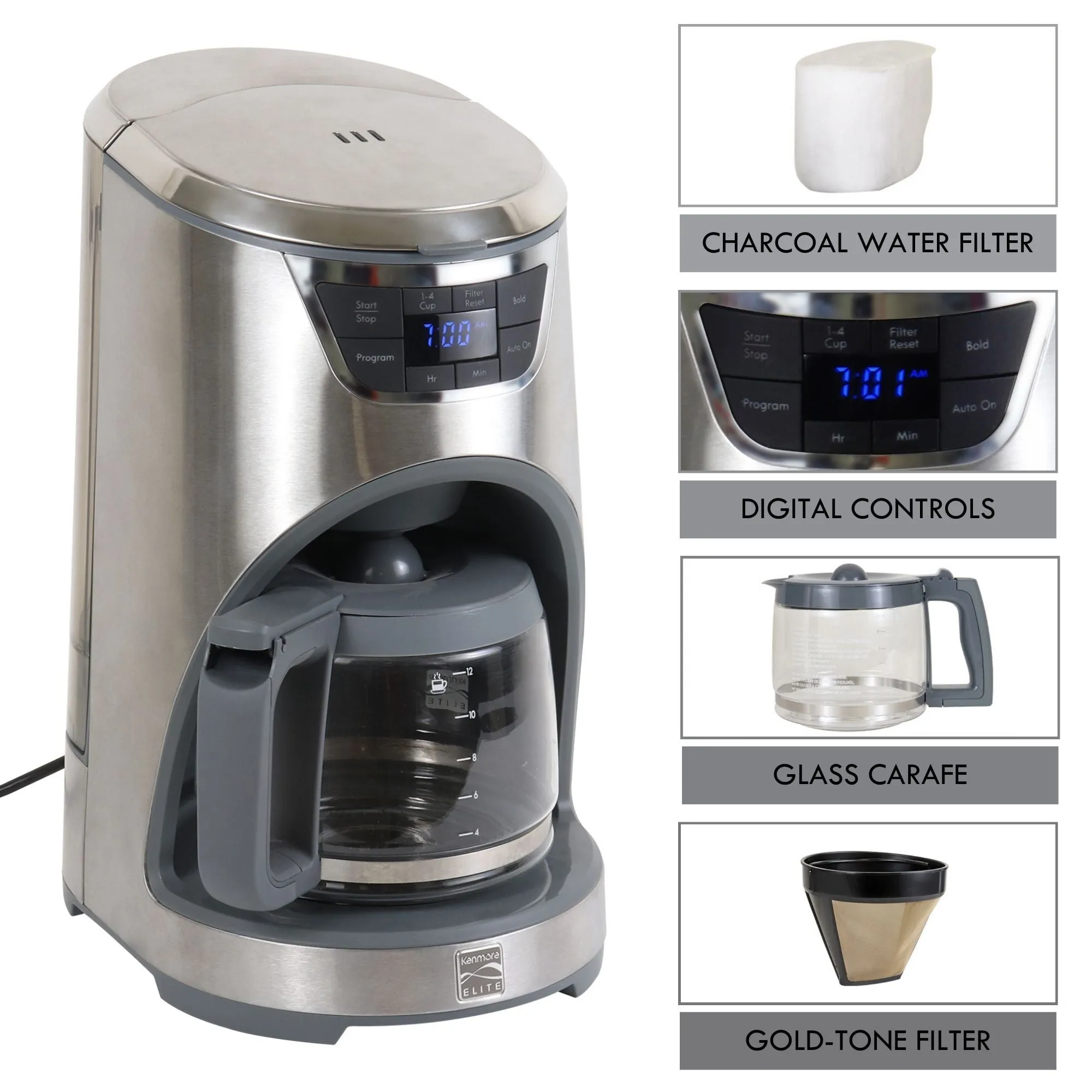 Kenmore Elite Programmable 12-Cup Coffee Maker, Stainless Steel, Aroma Control with Regular or Bold Brew, Removable Water Tank, Digital Display, Timer, Reusable Cone Filter, Charcoal Water Filter