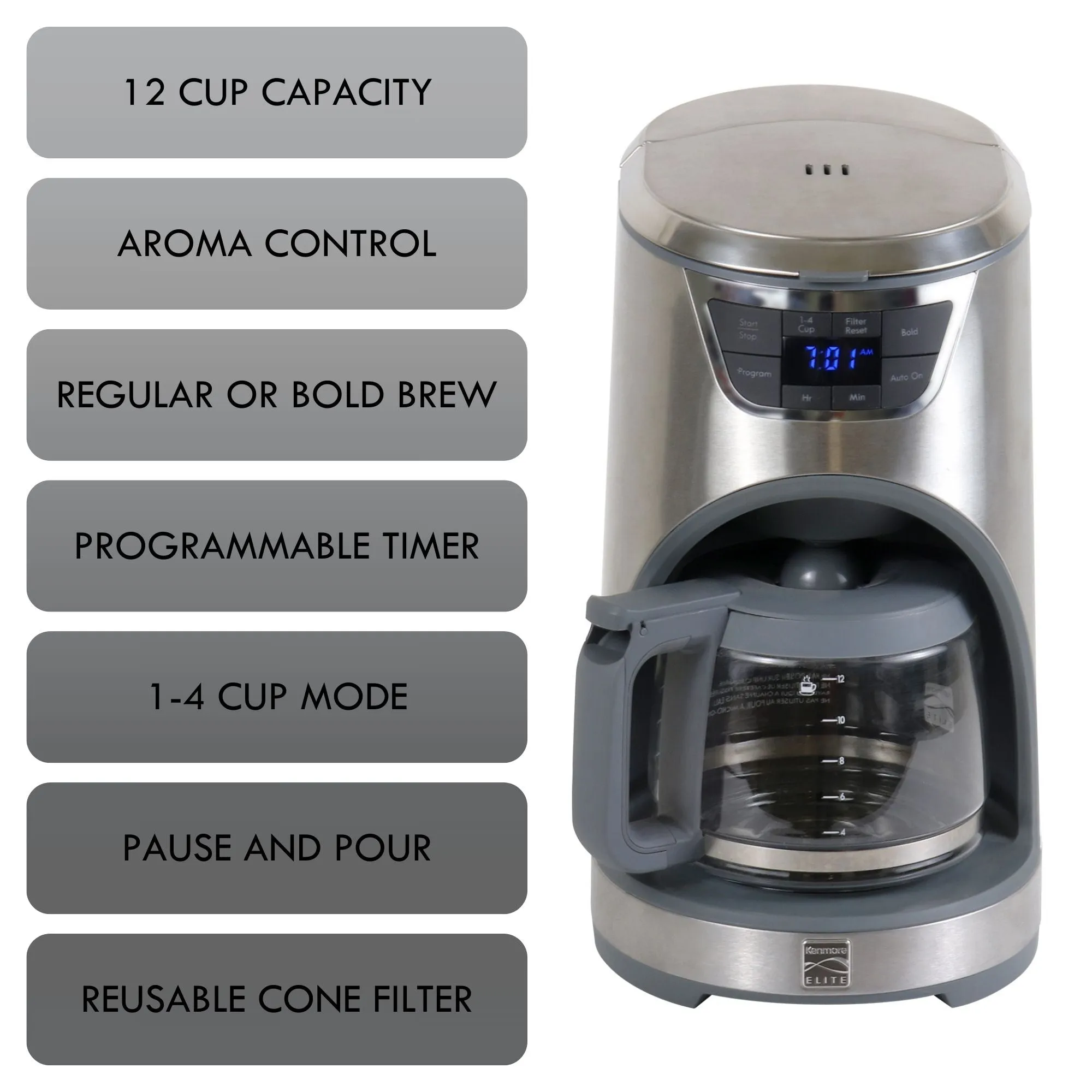 Kenmore Elite Programmable 12-Cup Coffee Maker, Stainless Steel, Aroma Control with Regular or Bold Brew, Removable Water Tank, Digital Display, Timer, Reusable Cone Filter, Charcoal Water Filter