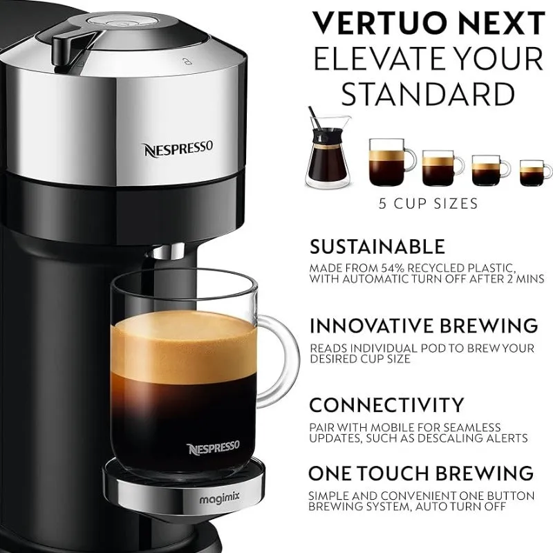 Nespresso Vertuo Next Deluxe Coffee Pod Machine Pure Chrome