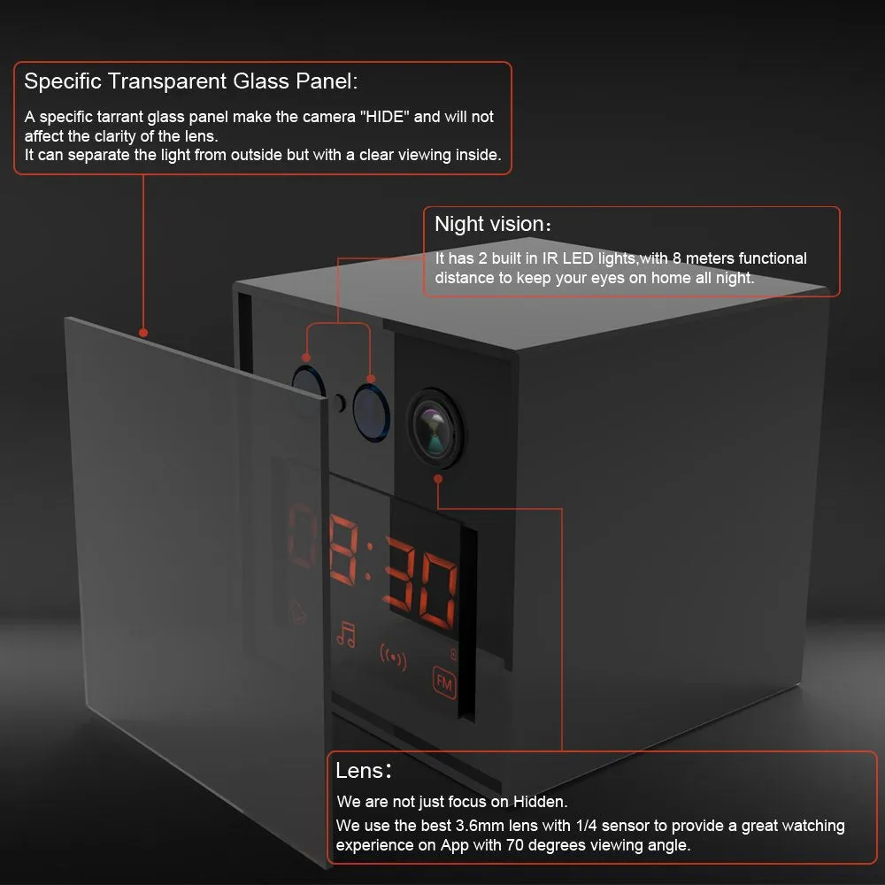 WiFi Clock Camera / Bluetooth Speaker / FM Radio (w/ Night Vision)