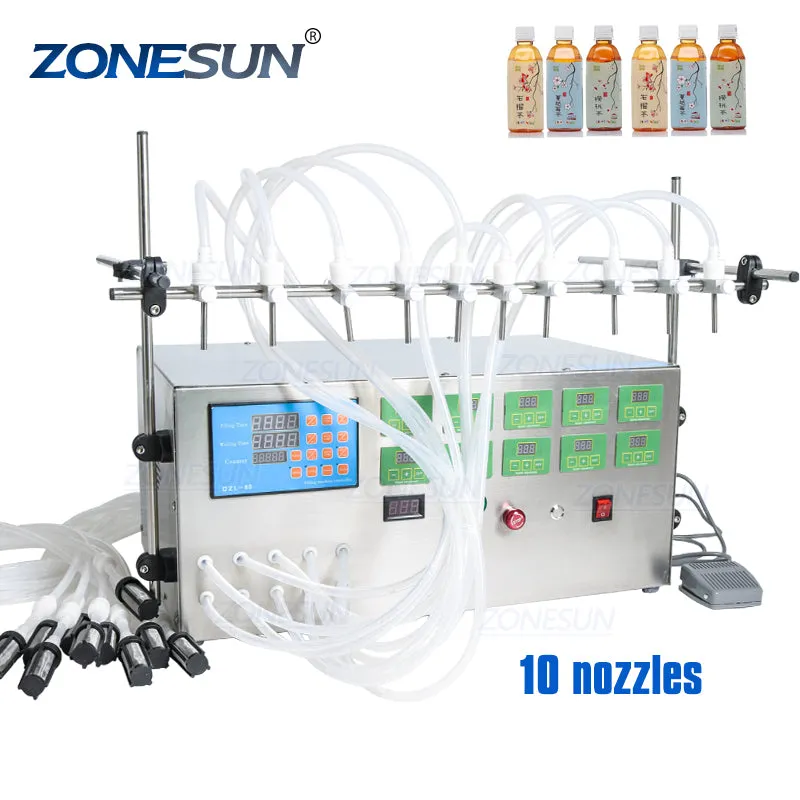 ZONESUN Electric Digital Control Pump Liquid Filling Machine 3-4000ml For Liquid Perfume Water Juice Essential Oil With 10 Heads