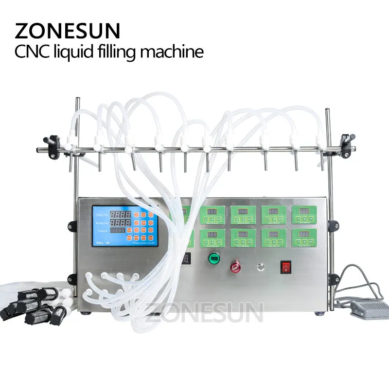 ZONESUN Electric Digital Control Pump Liquid Filling Machine 3-4000ml For Liquid Perfume Water Juice Essential Oil With 10 Heads